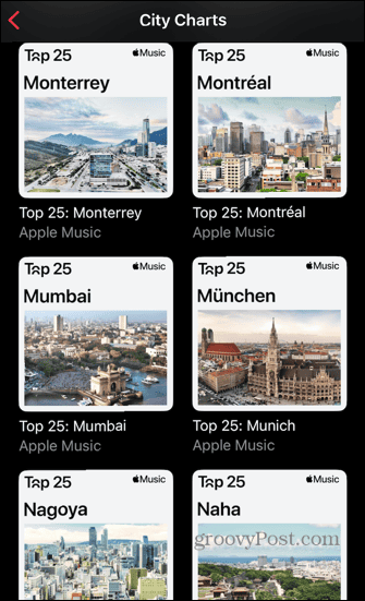az apple music listákon a városok név szerint