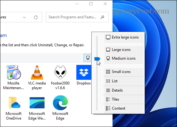 Alkalmazásikon méretének módosítása vezérlőpult Windows 11