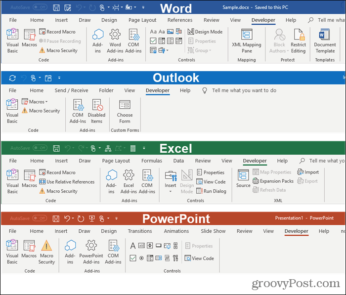 Fejlesztői lapok a Microsoft Office programokban