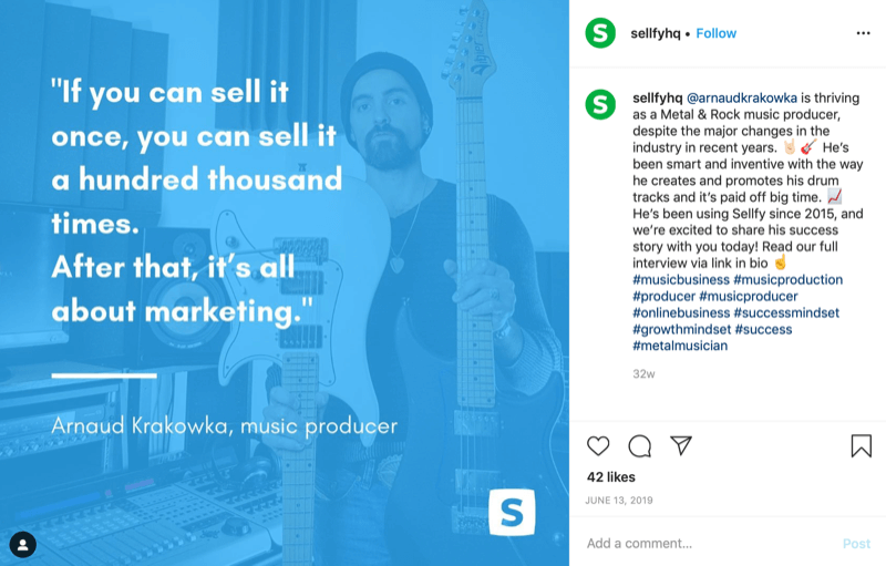 az ügyfél árajánlata a Sellfy Instagram-fiókjából