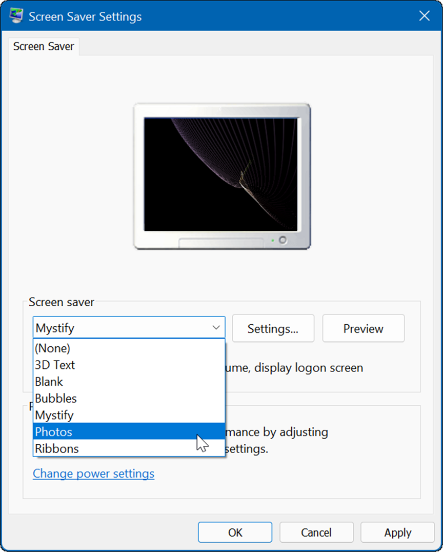 képernyőkímélő beállításai beállítják a fényképeket képernyővédőként a Windows rendszeren
