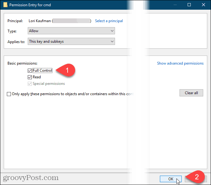 Jelölje be a Teljes vezérlés elemet, és kattintson az OK gombra az Engedélyezés párbeszédpanelen a Windows beállításjegyzékben