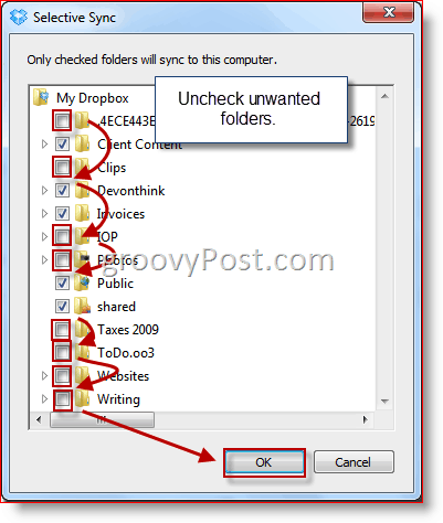 A Windows Selective Sync Dropbox mappa kiválasztása
