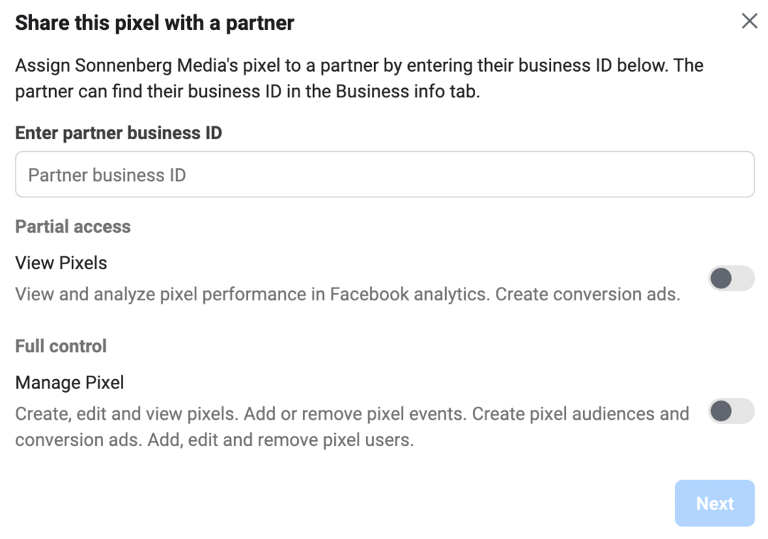 Képpont megosztása partnerrel képernyő képe a Meta Business Managerben
