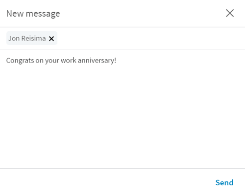 Amikor a Gratulálok mondás gombra kattint, a LinkedIn egy rövid kezdőablakkal új üzenetet nyit meg.