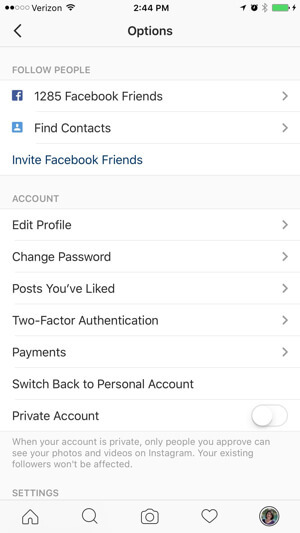 instagram üzleti profil opciók