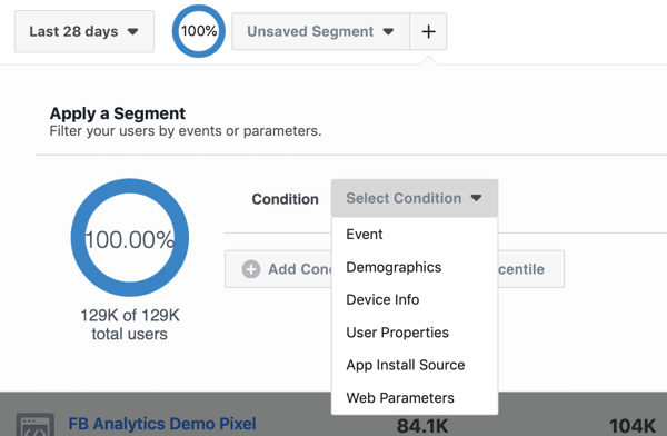 A szegmensek feltételopciói a Facebook Analytics eseményforrás-csoportjaiban.