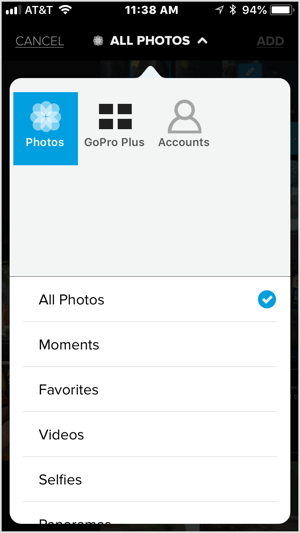 Koppintson a + ikonra, és válasszon ki egy videót vagy öt vagy több képet, amelyet importál a Quikbe.