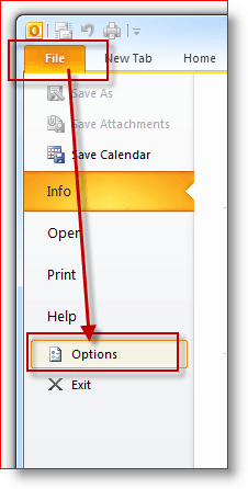 Outlook 2010 fájl, Beállítások menü