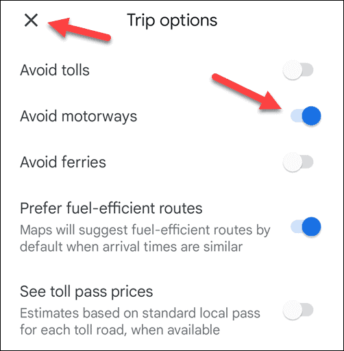 Kerülje el az autópályákat az autópályákat a Google Térképen mobilon
