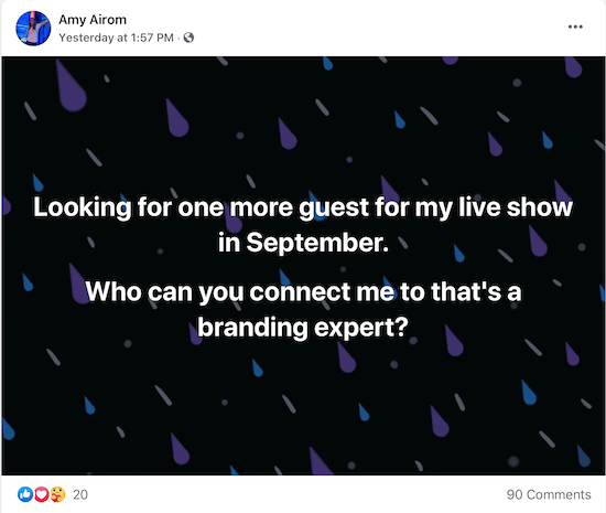 példa amy airom bejegyzésére, amelyben azt kéri, hogy csatlakozzon egy márkaépítési szakértőhöz, akit élő műsorának vendégeként interjút készíthet