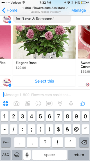 Az ügyfelek egyszerűen böngészhetnek és kiválaszthatják az 1-800-Flowers chatbot termékeit.