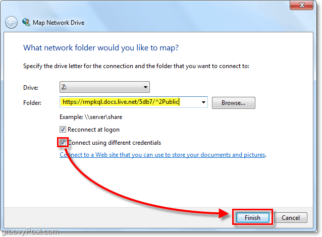 illessze be a Windows Live skydrive URL-jét a leképezett hálózati meghajtó opciójába, és ellenőrizze a különféle hitelesítő adatok összeillesztését, majd kattintson a Befejezés gombra.