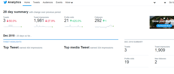 Példa egy Twitter Analytics 28 napos összefoglalóra.