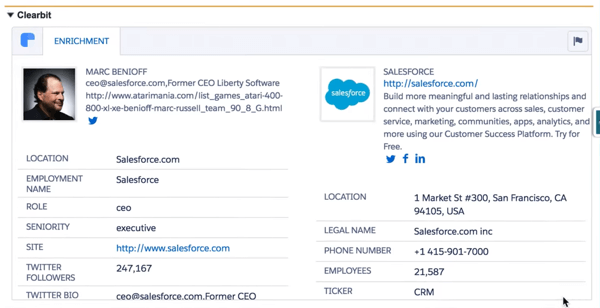 A Clearbit for Salesforce számos adatpontot gyűjt be, hogy teljes körű profilt nyújtson Önnek.