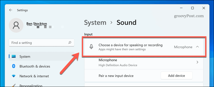 Hangbemeneti eszköz kiválasztása Windows 11 rendszeren