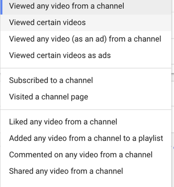 A YouTube hirdetési kampány létrehozásának módja, 27. lépés: állítsa be a konkrét remarketing felhasználói műveleteket