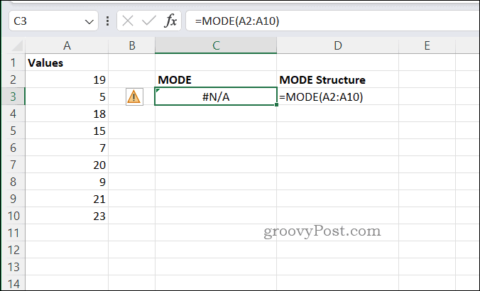 Példa NA-hibára a MODE-ban az Excelben