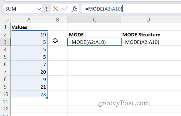Példa MODE képlet Excelben