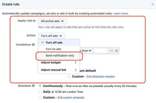 Használja a Facebook automatizált szabályait, az értesítést, ha a hirdetési gyakoriság meghaladja a 2.1-et, az 1. lépést, a hirdetéskészletet és a műveleti beállításokat
