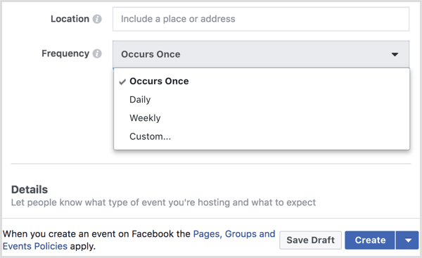 válasszon intervallumot a Frekvencia menüből, hogy visszatérő eseményt hozzon létre a Facebook oldallal