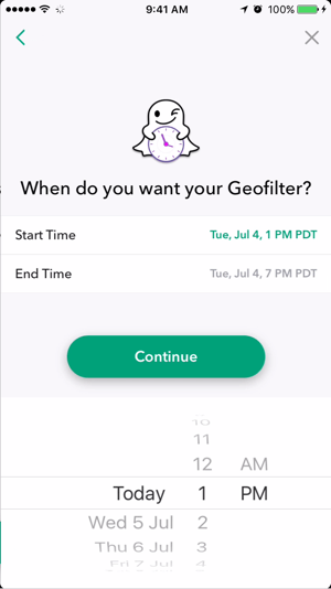 Válasszon dátumot és időpontot a Snapchat geofilter aktív működéséhez.