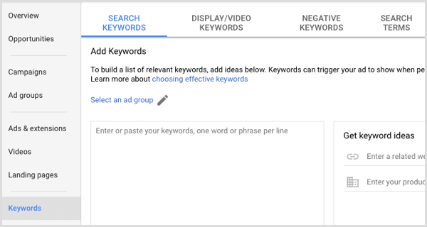 A Google Adwords kulcsszavakat ad hozzá a hirdetéscsoporthoz
