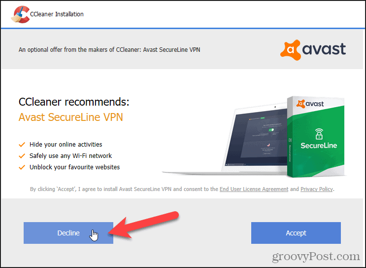 Elutasítja az Avast VPN-t a CCleaner alkalmazásban