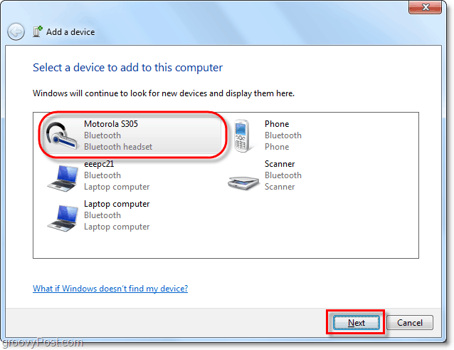 kattintson a Bluetooth-eszközre a Windows 7 rendszerben, adjon hozzá egy eszközvarázslót, majd kattintson a következő gombra