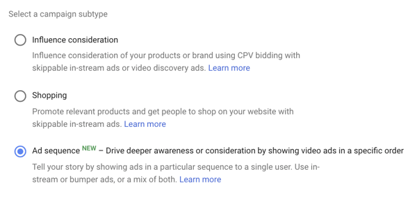 YouTube-hirdetési kampány beállítása, 39. lépés: lehetőség a hirdetéssorozat beállítására