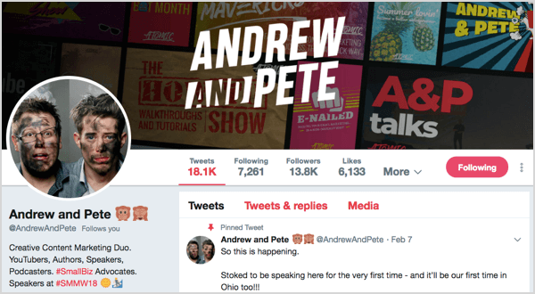 Twitter-profil a @andrewandpete számára.