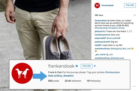 Frank és Oak példa linkek hozzáadására az Instagram életrajzához