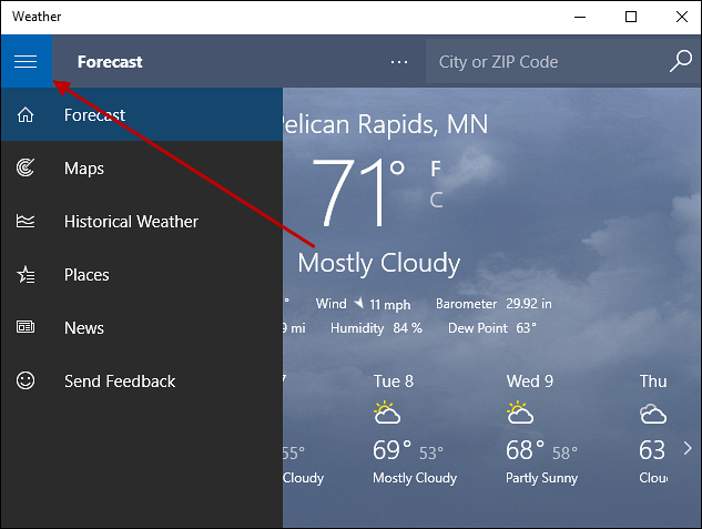 hamburger menü Windows 10 Weather