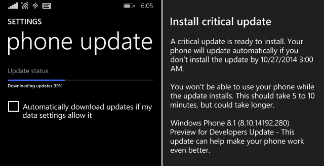 A Windows Phone 8.1 kritikus frissítése az előzetes verzióban a fejlesztők számára elérhető programban
