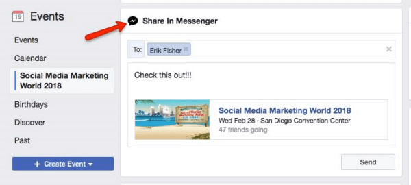 A Facebook arra kéri a felhasználókat, hogy osszák meg a Facebookon felfedezett eseményeket más Messenger-felhasználókkal.