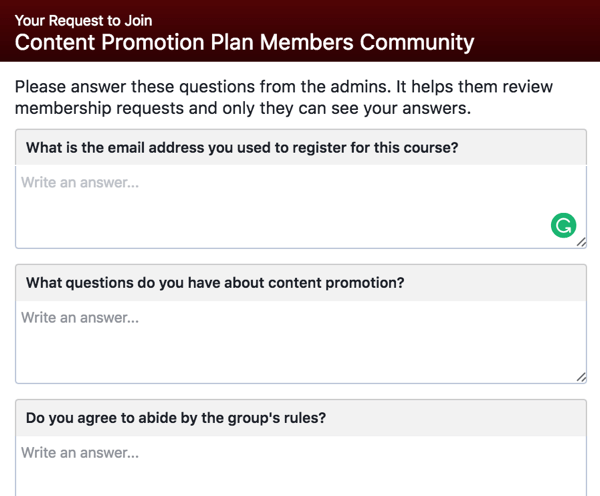Kérje meg a leendő Facebook-csoport tagjait, hogy válaszoljanak minősítő kérdésekre.