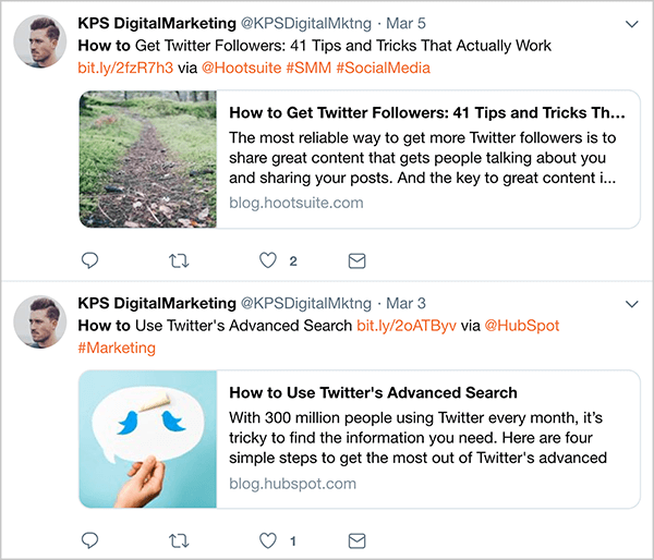 Ez egy képernyőkép a @KPSDigitalMarketing automatizált tweetjeiről, amelyeket március 3-án és 5-én tettek közzé. Ezek a tweetek még azelőtt megjelennek, hogy Dan Knowlton abbahagyta volna a tweetek automatizálását. A tweetek egy olyan képletet követnek, amely felismerhetővé teszi őket marketing tweetként: a cikk címe, rövid link, a „via” szó, valamint a cikk írója Twitter-kezelője, majd néhány hashtag. Az első tweet egy cikkre irányul: „Hogyan szerezzünk Twitter-követőket: 41 valóban működő tipp és trükk”. A második a „Hogyan használjuk a Twitter speciális keresését” címet viselő cikk.
