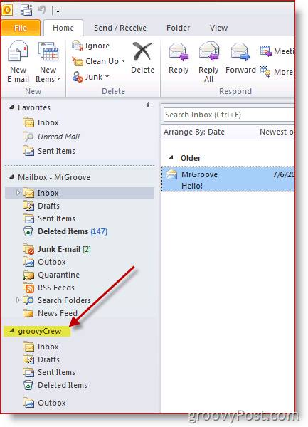 Az Outlook 2010 képernyőképe, hogyan lehet hozzáadni további postafiókot