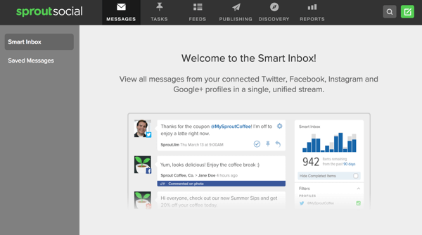 A Sprout Social intelligens postaládát kínál, amely lehetővé teszi több közösségi profil üzeneteinek megtekintését egy helyen.