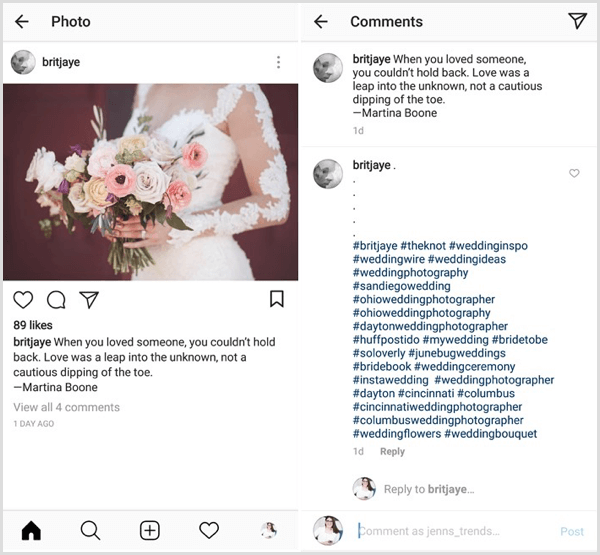 példa az Instagram bejegyzésre a tartalom, az ipar, a rés és a márka hashtagek kombinációjával