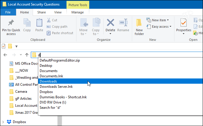 Automatikus kiegészítés példa File Explorer