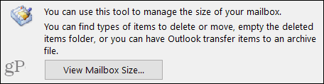 A postafiók méretének megtekintése az Outlook alkalmazásban