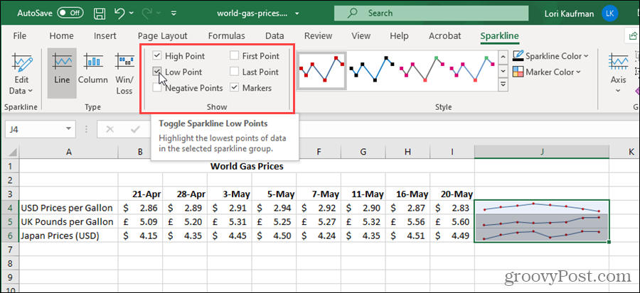 A Sparklines beállításainak megjelenítése az Excelben