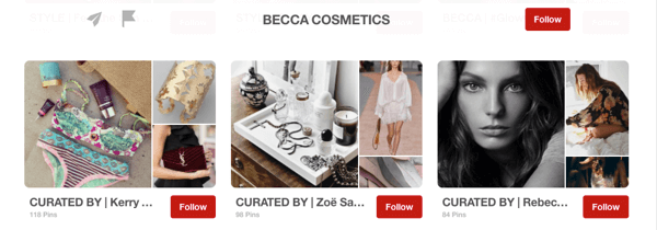 Példa a Pinterest vendéglátótábláira, amelyeket a Becca Cosmetics influencerei készítettek.