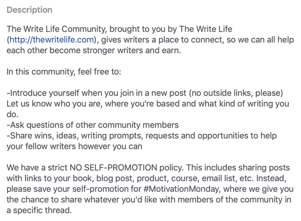 Hogyan fejlesztheti a Facebook-csoport közösségét, példa a Facebook-csoport leírására és az The Write Life Community szabályaira