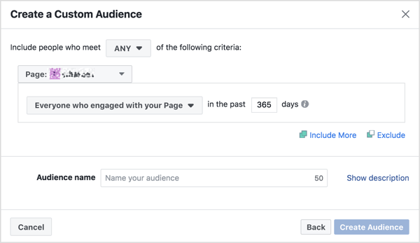 Töltse ki a Facebook oldal elköteleződés egyéni közönségének feltételeit.