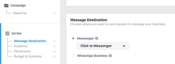 Facebook Click to Messenger hirdetések, 1. lépés.