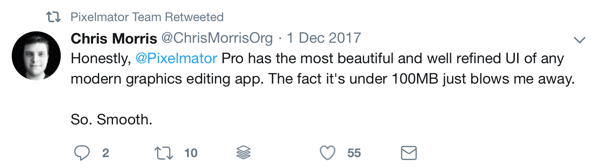 Hogyan lehet felhasználni a társadalmi bizonyítékot a marketingedben, például a @ChrisMorrisOrg címkével ellátott Pixelmator közösségi áttekintése