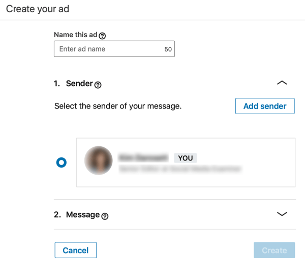 A LinkedIn objektumalapú, szponzorált InMail-hirdetés létrehozása, 3. lépés: állítsa be a hirdetés nevét és a feladót