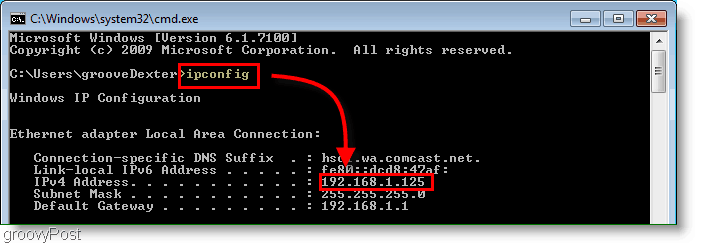 Képernyőkép - Futtassa az IPConfig fájlt a Windows Parancsablakban
